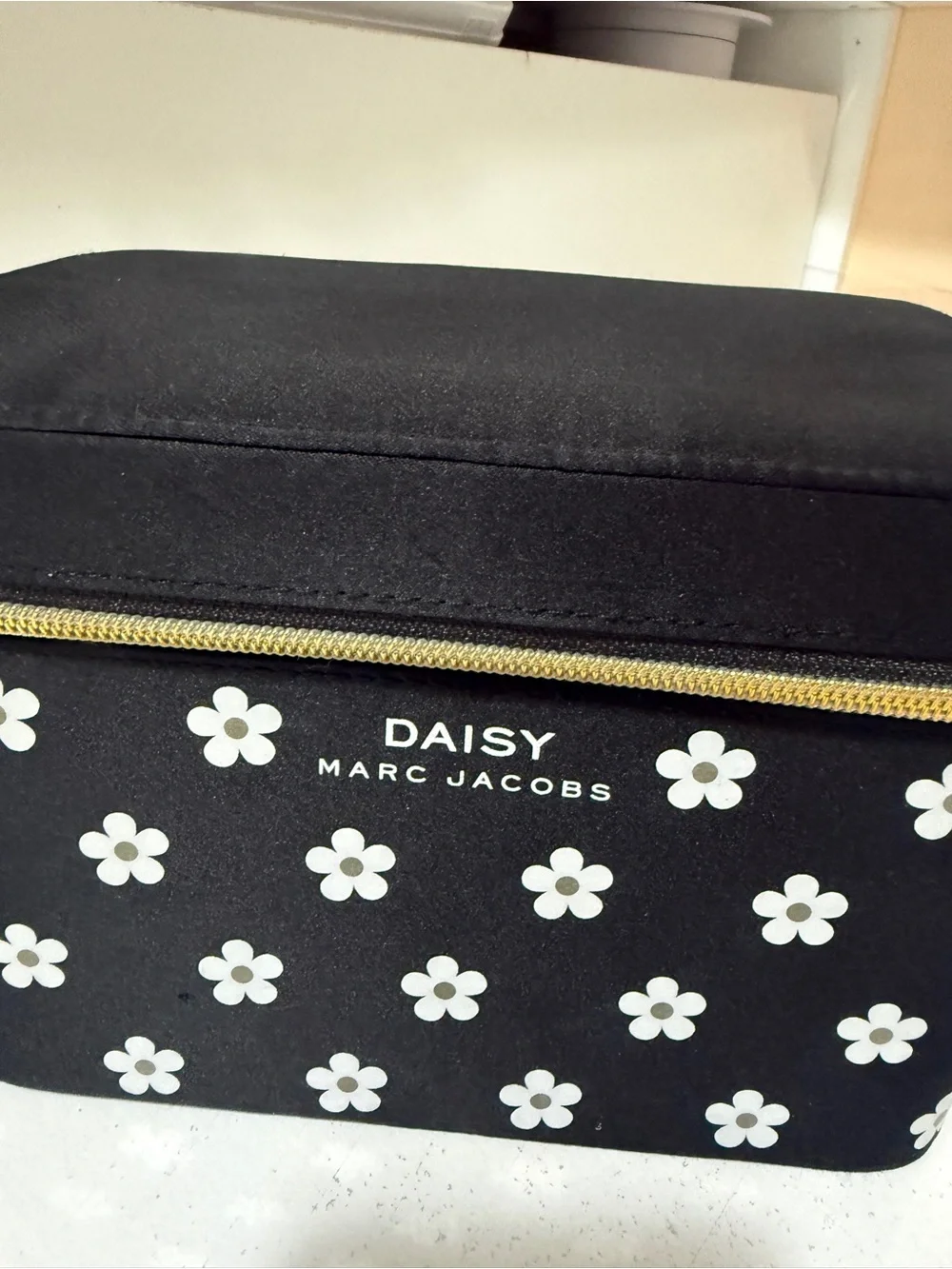 Marc Jacobs Black Daisy Makeup Train Case with Gold Zipper